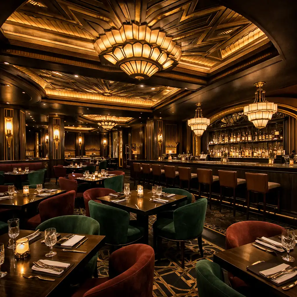 Wide-angle view of the Fortuneparlourclub dining room and bar with Art Deco details