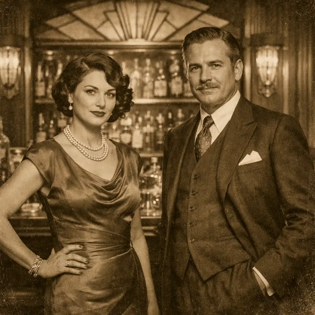 Two elegantly dressed founders standing in front of the Art Deco bar at Fortuneparlourclub