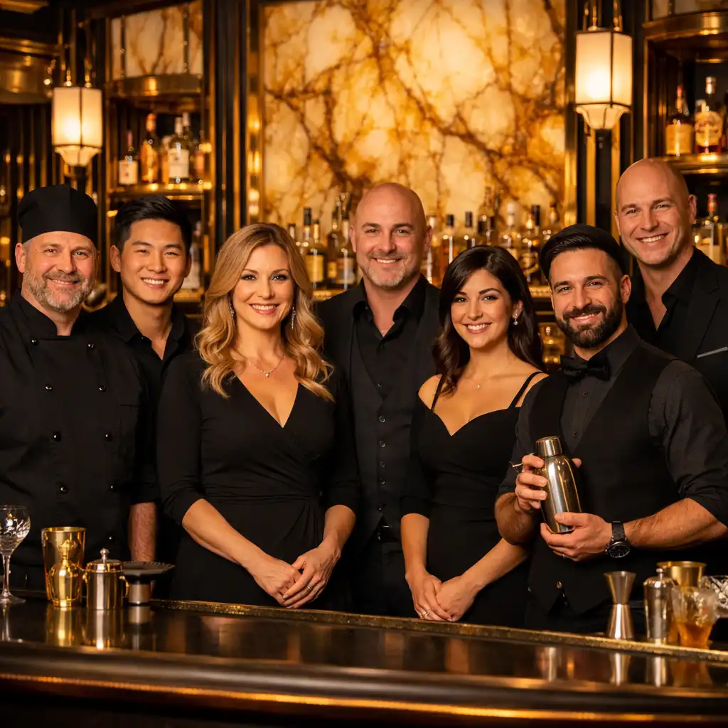 The Fortuneparlourclub team standing behind the Art Deco bar