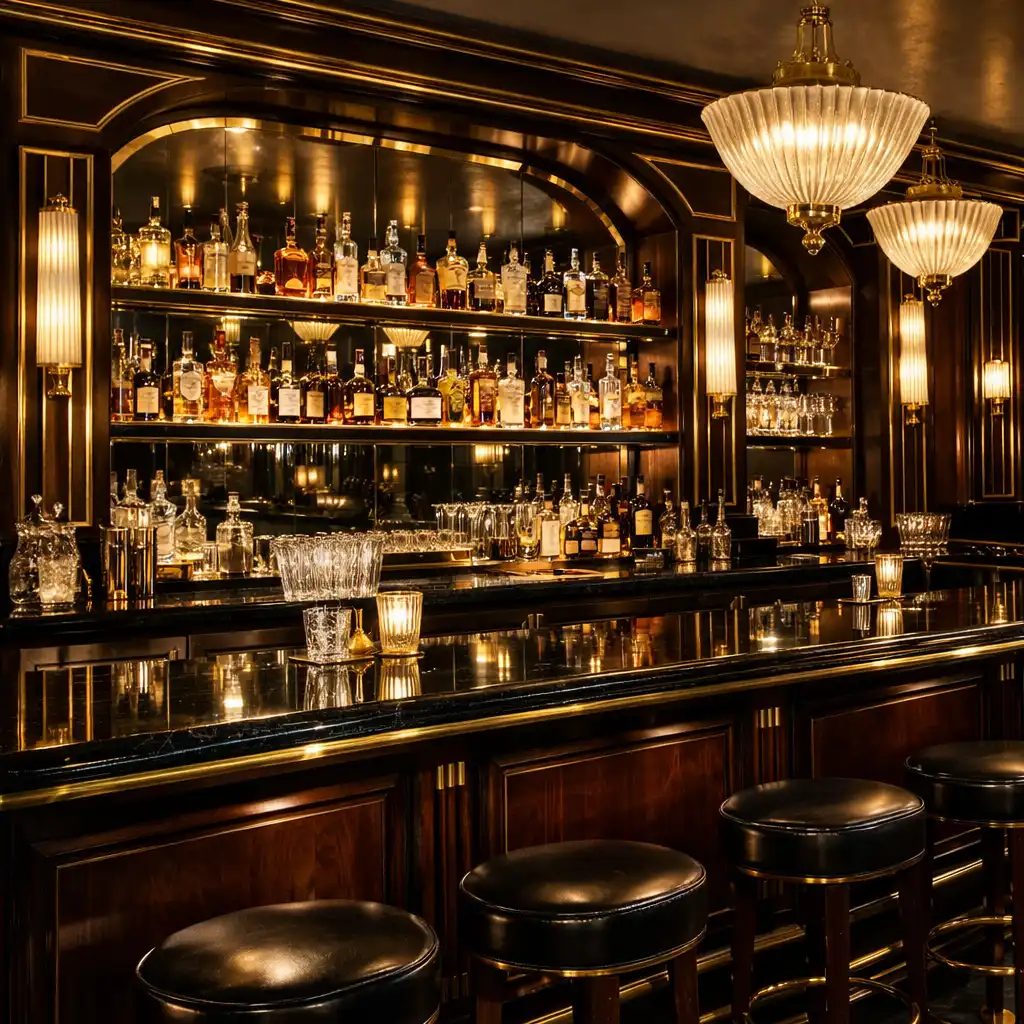 Elegant bar area with dark wood, gold trim, and backlit premium spirits