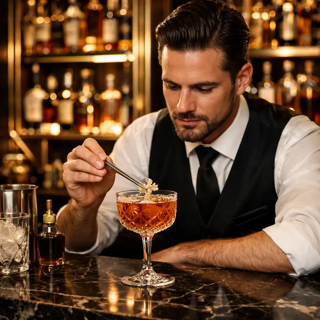 Sophisticated bar with a bartender crafting an artisan cocktail