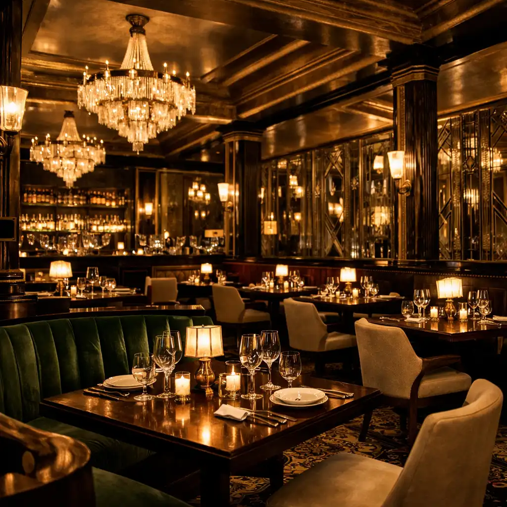 Elegant Art Deco dining area with dark wood tables and warm chandeliers