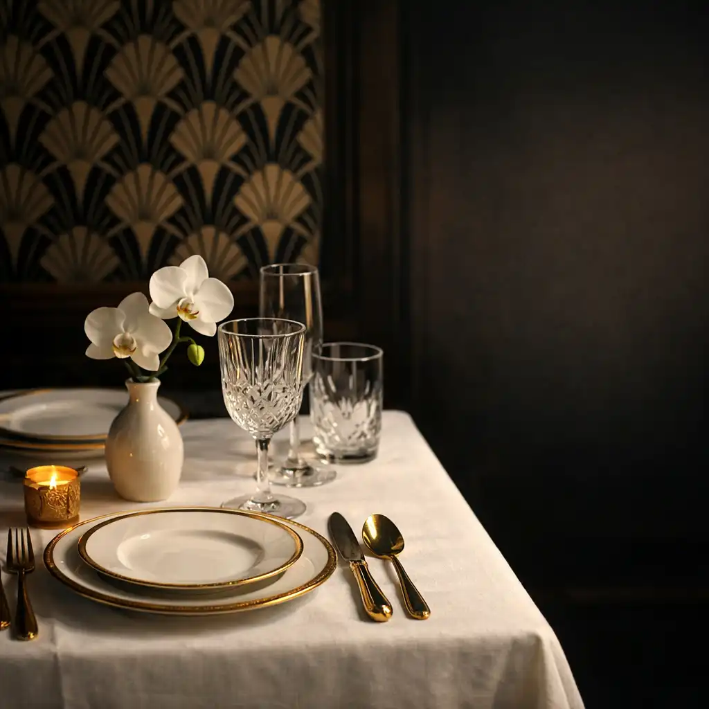 Elegant dining table setting with white linen, gold-rimmed plates, and crystal glassware