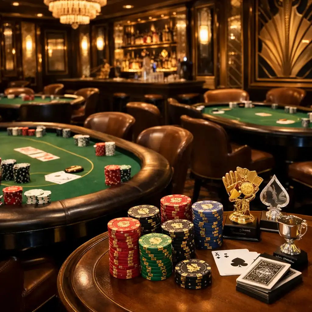 Poker event setup with multiple felt tables, souvenir chips, and trophies
