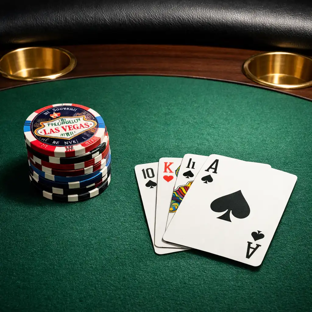 Close-up of a professional felt poker table surface with smooth green felt, souvenir chips, playing cards, padded armrest, and brass cup holders