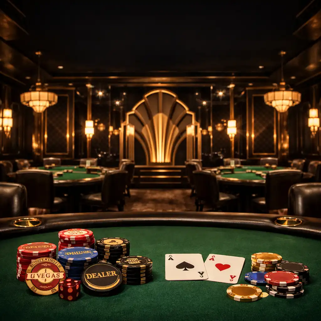 Opulent Art Deco poker lounge with professional felt poker tables, warm ambient lighting, and champagne gold geometric patterns