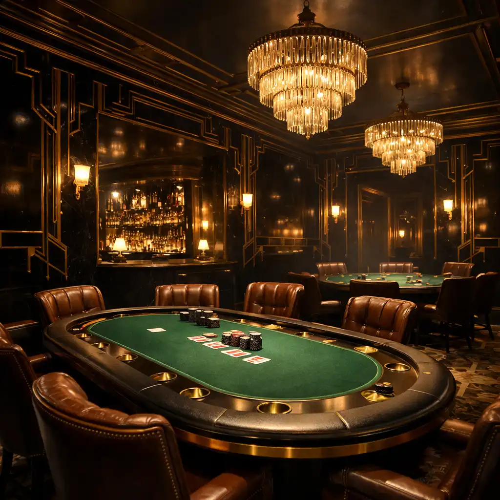 Wide-angle view of the opulent Art Deco poker lounge with green felt tables and brass accents