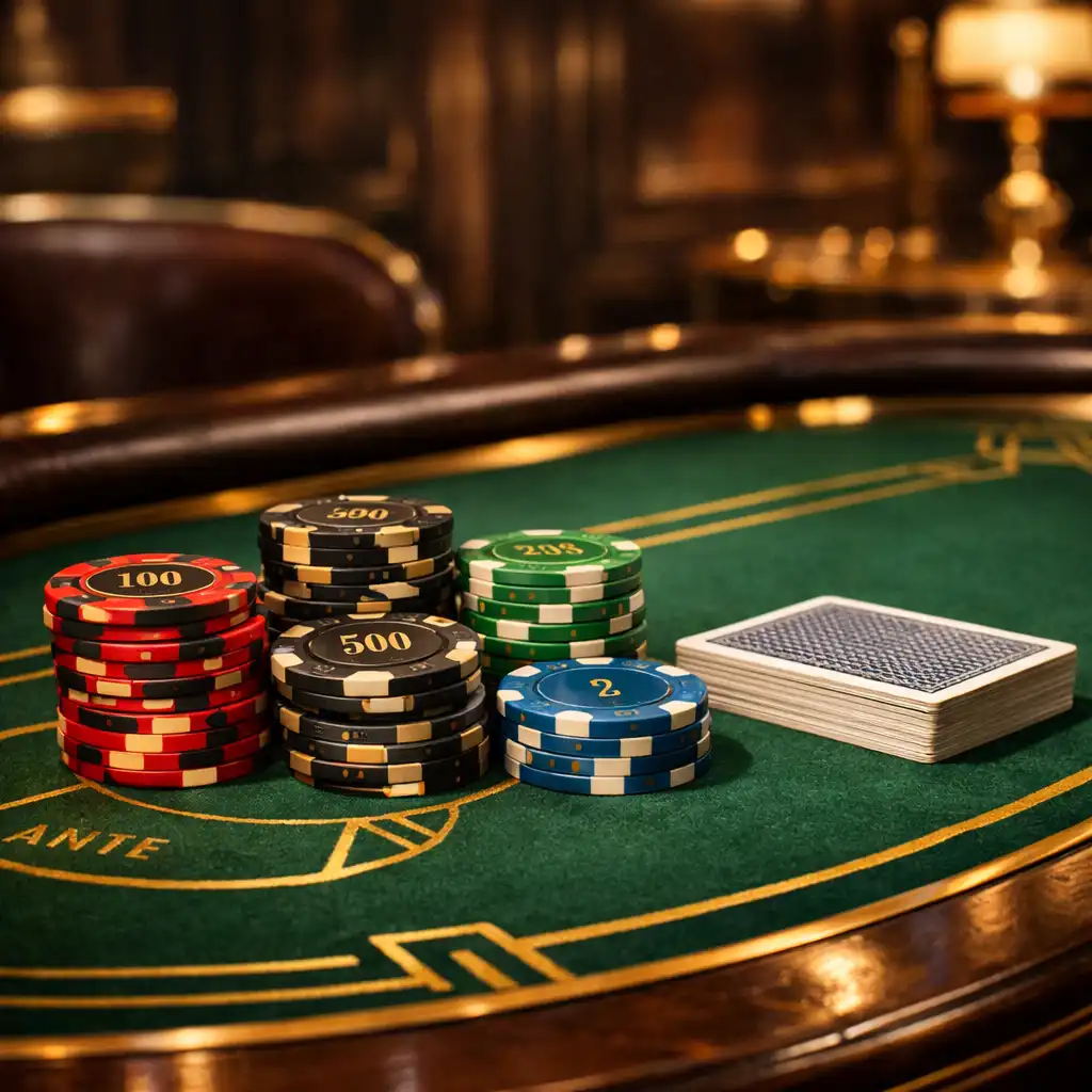 Professional felt poker table with souvenir chips and playing cards in the Art Deco poker lounge