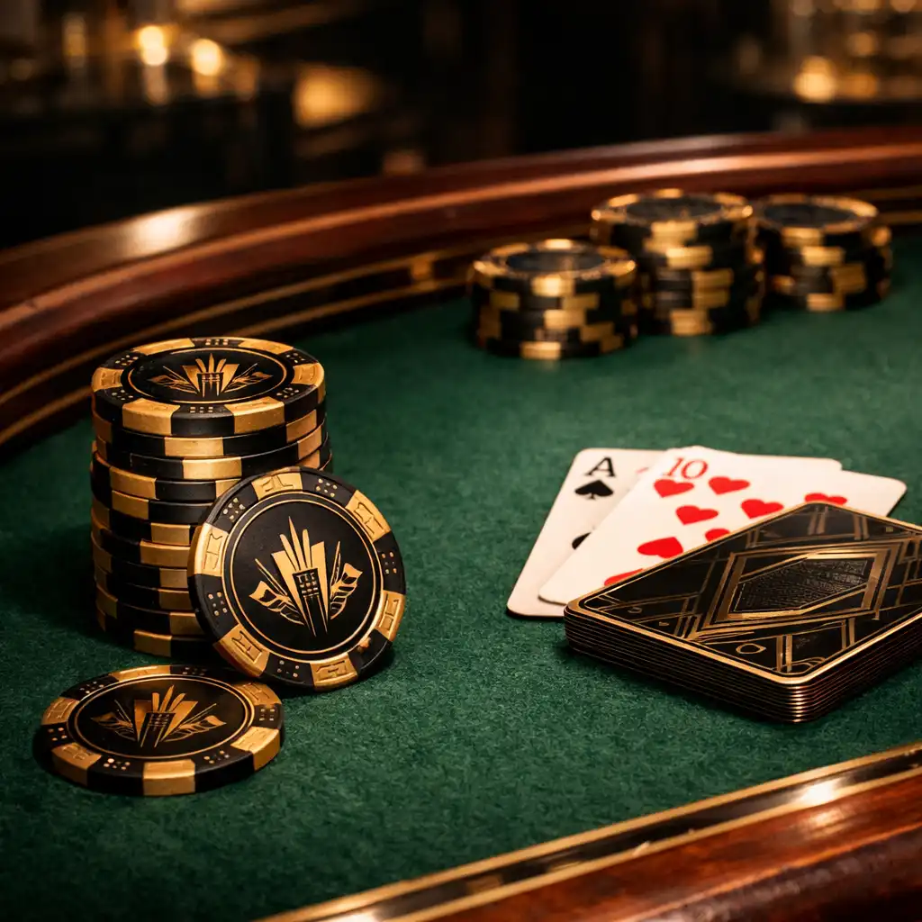 Close-up of a professional felt poker table with souvenir chips and playing cards