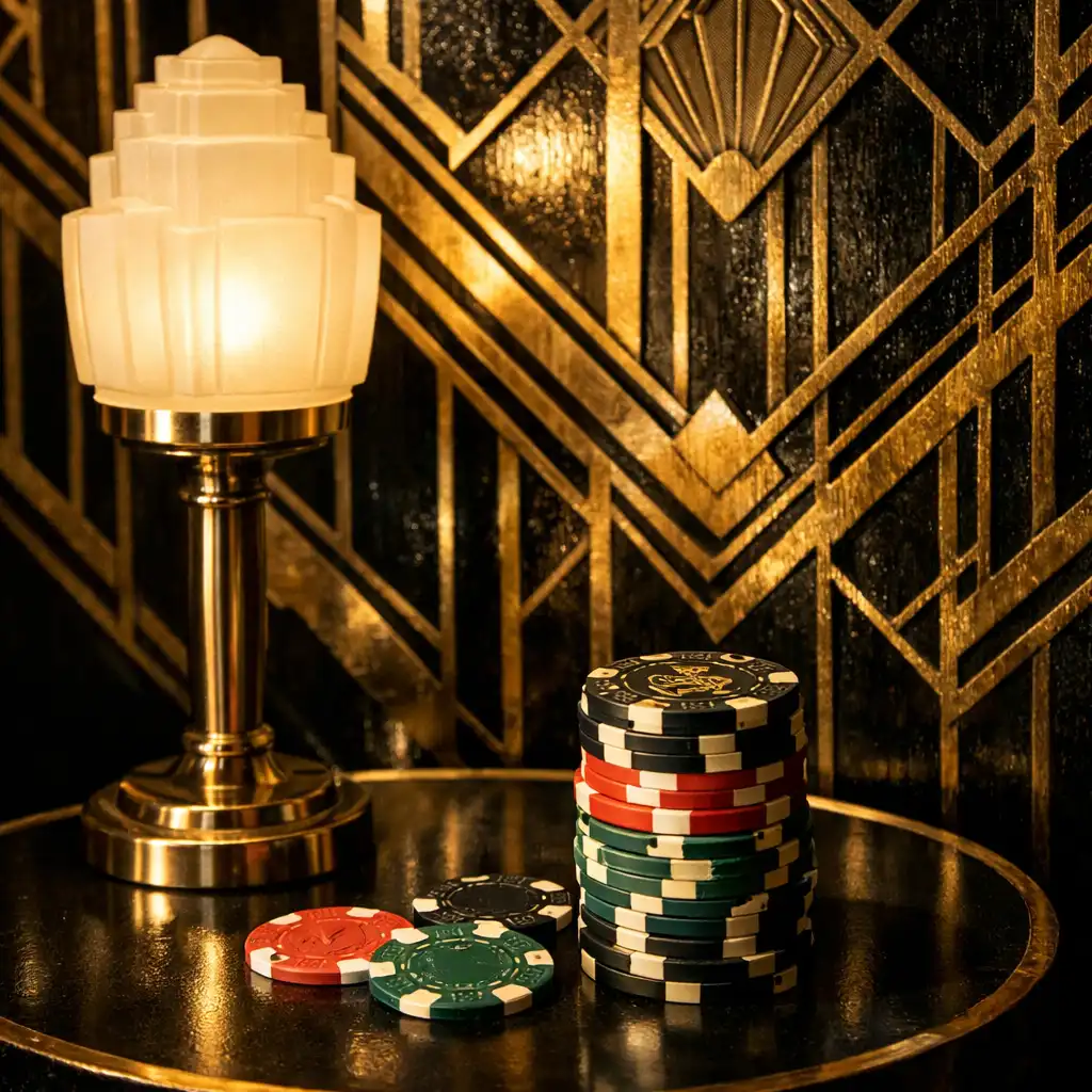 Detailed Art Deco poker room decor with geometric gold wall pattern
