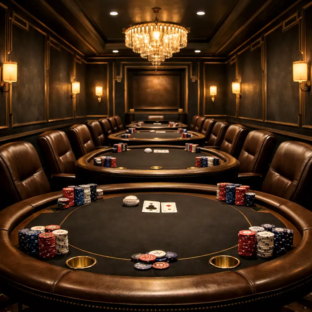 Interior of a high-end poker room with a row of professional felt poker tables, leather chairs, dark slate walls, and Art Deco gold trim