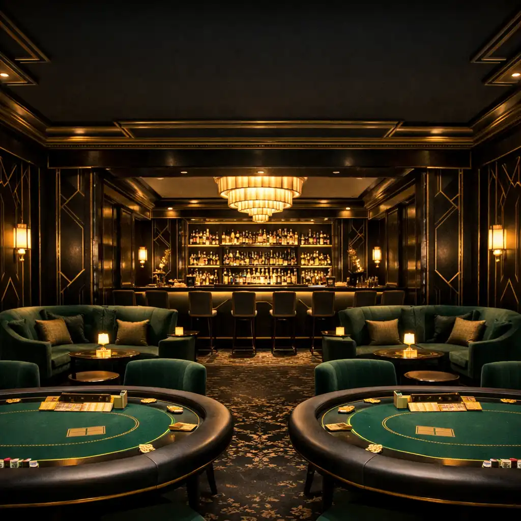 Art Deco lounge and poker room with professional felt poker tables and champagne gold geometric details