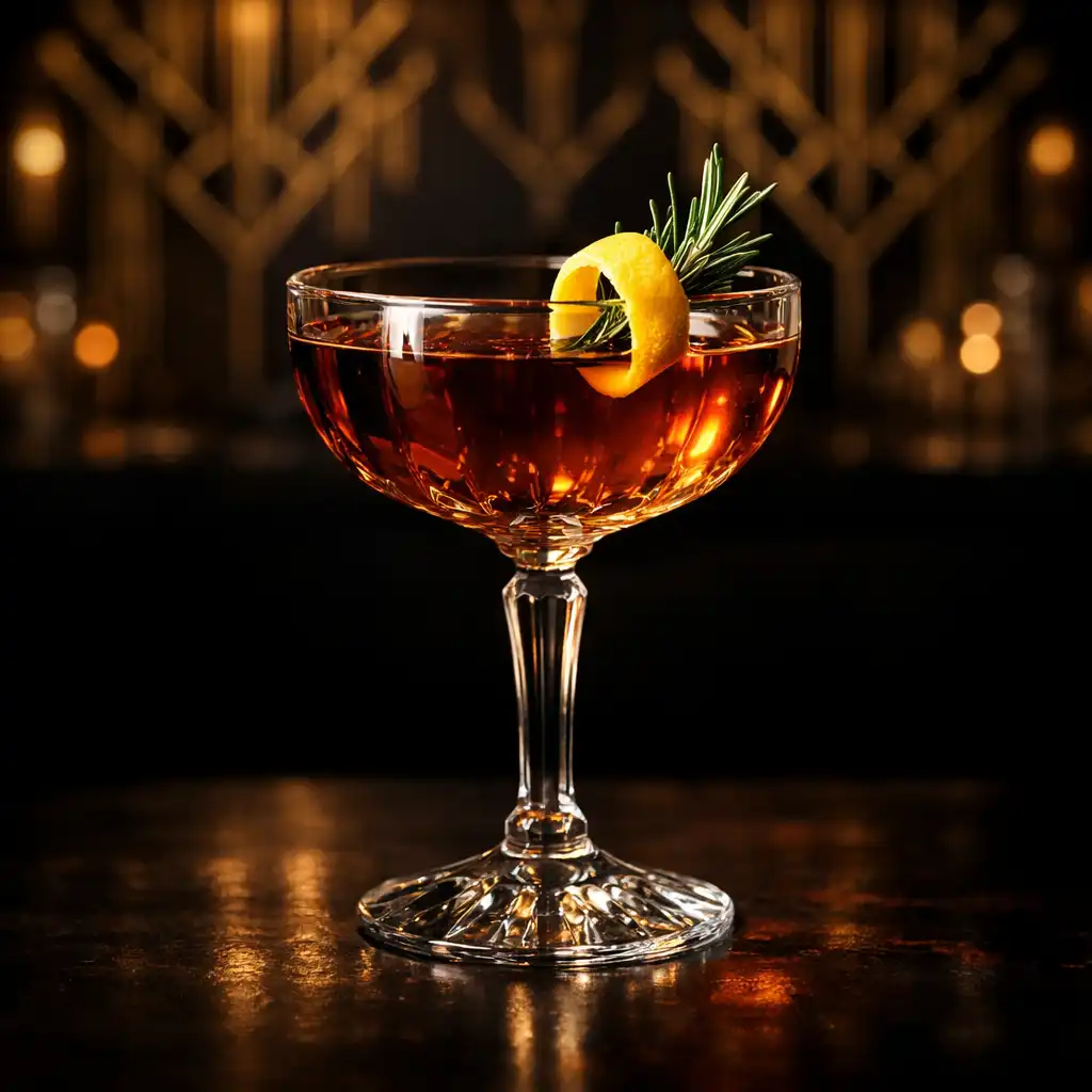 Signature cocktail in a vintage coupe glass with lemon twist and rosemary